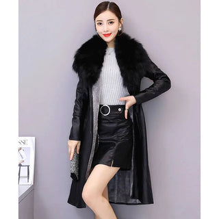 Women's Leather Velvet Warm Slim Big Fur Collar Long Leather Coat Alodia Store
