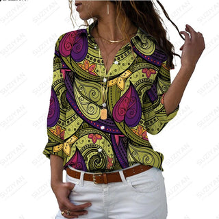 Women's SummerNew Shirt Long Sleeve Colorful Portrait 3D Digital Printing Women's Polo Button Casual Cardigan LongSleeve T-shirt Alodia Store