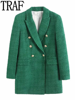 TRAF 2023 Green Long Blazer Woman Tweed Blazer Alodia Store