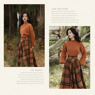Women's Spring Autumn Vintage Plaid Long Skirts Sweater Two-Piece Set French Lady Alodia Store