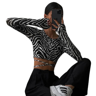 2023 Sexy Backless Lace ups Pullover Tees Women Autumn Black O-neck Slim Longsleeve Short T-Shirt Alodia Store