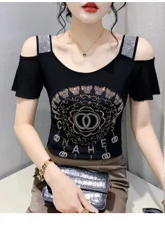 Leopard Mesh T Shirt Women V-neck Diamonds Sexy Tight Short T-shirt Female Long Sleeve Vintage Wrap Tshirt Femme Thin Slim Alodia Store