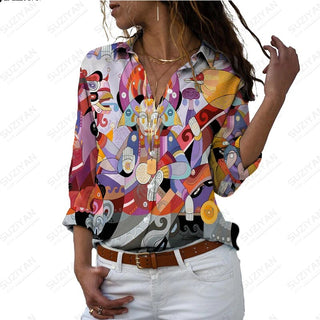 Women's SummerNew Shirt Long Sleeve Colorful Portrait 3D Digital Printing Women's Polo Button Casual Cardigan LongSleeve T-shirt Alodia Store
