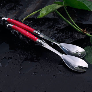 2pcs 10'' Red Salad Spoon set Laguiole Stainless steel Spoon Western Dinnerware Black ABS Handle Party Cake Dessert Tool Kitchen Alodia Store