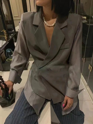 Women Notched Collar Long Sleeve Lace Up Loose Blazers Alodia Store