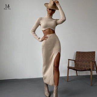 Chic Women Knitted Set Crop Tops and Skirt Clothing Alodia Store