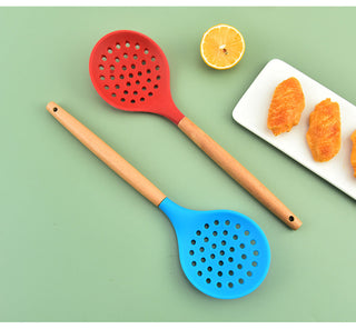 1Pcs Cooking Silicone Strainer Food Non-Stick Heat-Resistant Wooden Handle Colander Spoon Skimmer Strainer Cooking Kitchen Tools Alodia Store