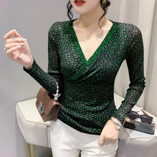 Leopard Mesh T Shirt Women V-neck Diamonds Sexy Tight Short T-shirt Female Long Sleeve Vintage Wrap Tshirt Femme Thin Slim Alodia Store