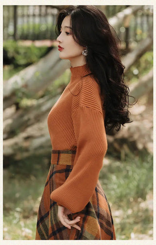 Women's Spring Autumn Vintage Plaid Long Skirts Sweater Two-Piece Set French Lady Alodia Store