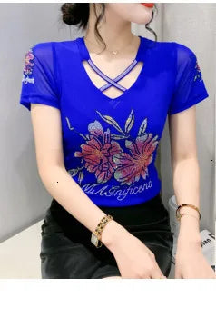 Leopard Mesh T Shirt Women V-neck Diamonds Sexy Tight Short T-shirt Female Long Sleeve Vintage Wrap Tshirt Femme Thin Slim Alodia Store