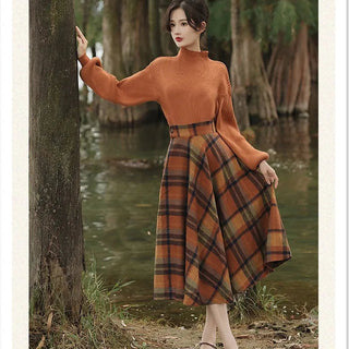 Women's Spring Autumn Vintage Plaid Long Skirts Sweater Two-Piece Set French Lady Alodia Store