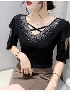 Leopard Mesh T Shirt Women V-neck Diamonds Sexy Tight Short T-shirt Female Long Sleeve Vintage Wrap Tshirt Femme Thin Slim Alodia Store
