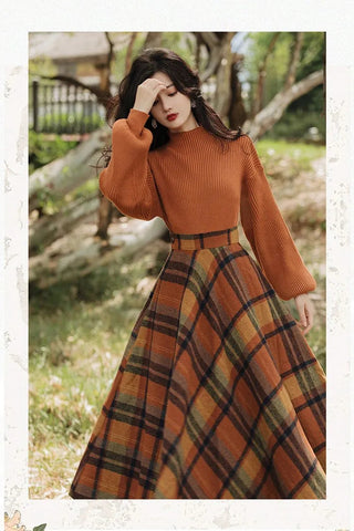 Women's Spring Autumn Vintage Plaid Long Skirts Sweater Two-Piece Set French Lady Alodia Store