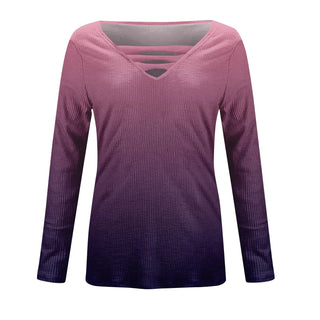 Women Blouse Longsleeve Women'S T-Shirt Fashion Casual Gradient Color Print V-Neck Slim Long Sleeve Top футболка оверсайз Alodia Store