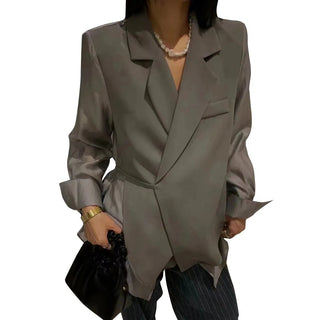 Women Notched Collar Long Sleeve Lace Up Loose Blazers Alodia Store
