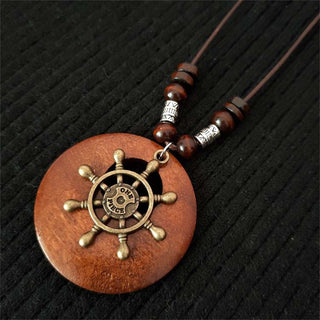 Ethnic Style Round Wood Beads Alloy Leaf Pendant Necklace For Women Girl Bohemian Sweater Chain Vintage Jewelry Accessories Gift Alodia Store