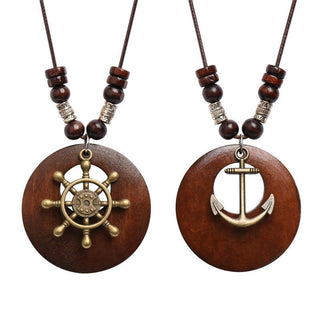 Ethnic Style Round Wood Beads Alloy Leaf Pendant Necklace For Women Girl Bohemian Sweater Chain Vintage Jewelry Accessories Gift Alodia Store