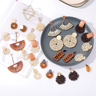 Wooden Vintage Earrings For Women Bohemian Style  Geometric Wood Earrings 2022 Trendy Retro Rattan Earrings Statement Jewelry Alodia Store