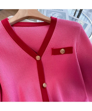 Fashion Women V Neck Hit Color Knitted Golden Alodia Store