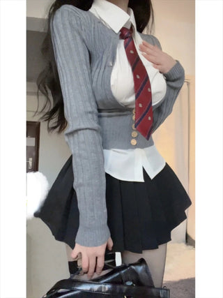 Japanese Uniform Suit Woman Grey Slim Knitted Sweater Tops Alodia Store