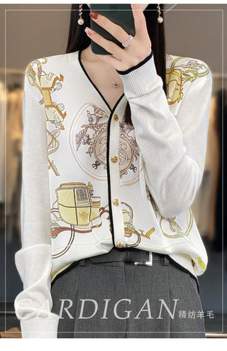 2023 Spring Summer New Cardigan Women's Coat Top Longsleeved Loose V-Neck Printed Stitching Sweater Fine Imitation Wool Cardigan Alodia Store