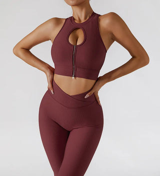 Chest Zipper Yoga Suit Women's Tracksuits Seamless Gym Workout Clothes 2 PCS Sexy Sportswear High Waist Leggings Bra Sports Set Alodia Store