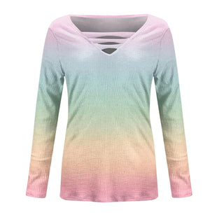 Women Blouse Longsleeve Women'S T-Shirt Fashion Casual Gradient Color Print V-Neck Slim Long Sleeve Top футболка оверсайз Alodia Store