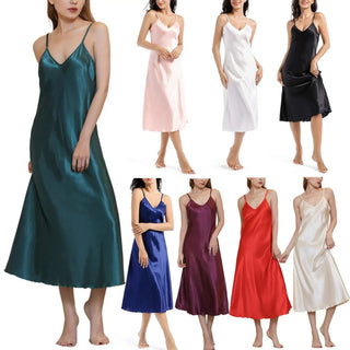 Women's Satin Nightgown Long Slip Sleep Dress Silk V Neck Sleepwear Solid Color Nightwear Alodia Store