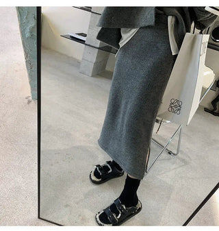 Elegant Knitting 2 Piece Set Women Long Sleeve Coat + Casual Midi Skirt Alodia Store