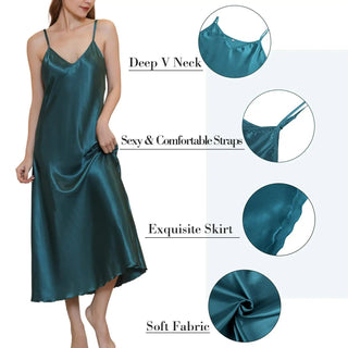 Women's Satin Nightgown Long Slip Sleep Dress Silk V Neck Sleepwear Solid Color Nightwear Alodia Store
