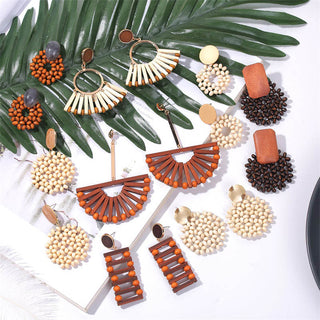 Wooden Vintage Earrings For Women Bohemian Style  Geometric Wood Earrings 2022 Trendy Retro Rattan Earrings Statement Jewelry Alodia Store