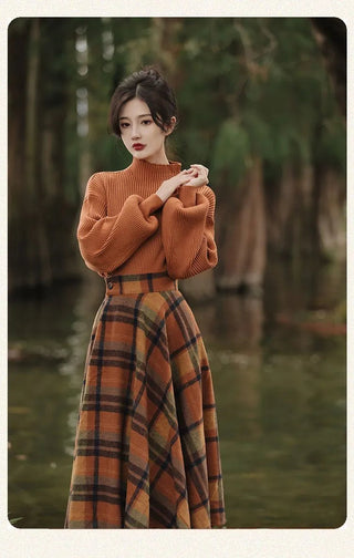 Women's Spring Autumn Vintage Plaid Long Skirts Sweater Two-Piece Set French Lady Alodia Store