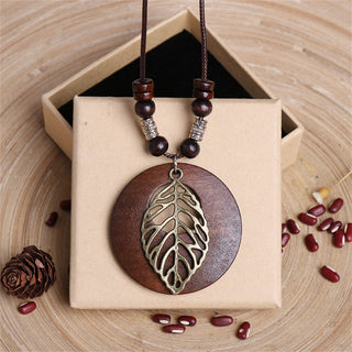 Ethnic Style Round Wood Beads Alloy Leaf Pendant Necklace For Women Girl Bohemian Sweater Chain Vintage Jewelry Accessories Gift Alodia Store