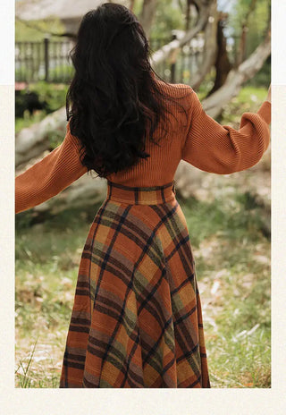 Women's Spring Autumn Vintage Plaid Long Skirts Sweater Two-Piece Set French Lady Alodia Store