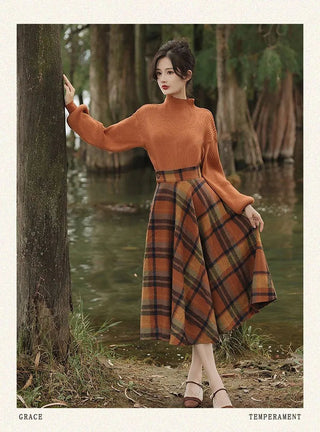 Women's Spring Autumn Vintage Plaid Long Skirts Sweater Two-Piece Set French Lady Alodia Store