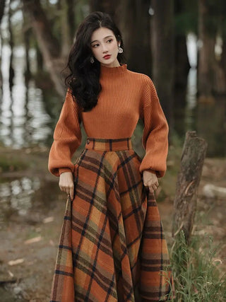 Women's Spring Autumn Vintage Plaid Long Skirts Sweater Two-Piece Set French Lady Alodia Store