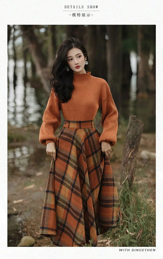 Women's Spring Autumn Vintage Plaid Long Skirts Sweater Two-Piece Set French Lady Alodia Store