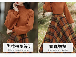 Women's Spring Autumn Vintage Plaid Long Skirts Sweater Two-Piece Set French Lady Alodia Store