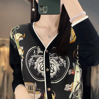 2023 Spring Summer New Cardigan Women's Coat Top Longsleeved Loose V-Neck Printed Stitching Sweater Fine Imitation Wool Cardigan Alodia Store