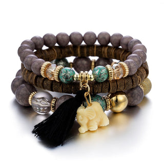 Mexico Bohemian Style Women Accessories Multi-Layer Wooden Beaded Bracelet Tree of Life Tassel Pendant Elastic Bracelet Jewelry Alodia Store