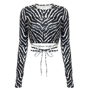 2023 Sexy Backless Lace ups Pullover Tees Women Autumn Black O-neck Slim Longsleeve Short T-Shirt Alodia Store