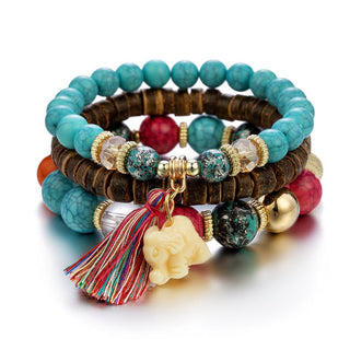Mexico Bohemian Style Women Accessories Multi-Layer Wooden Beaded Bracelet Tree of Life Tassel Pendant Elastic Bracelet Jewelry Alodia Store