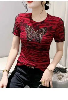 Leopard Mesh T Shirt Women V-neck Diamonds Sexy Tight Short T-shirt Female Long Sleeve Vintage Wrap Tshirt Femme Thin Slim Alodia Store