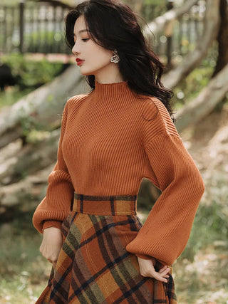 Women's Spring Autumn Vintage Plaid Long Skirts Sweater Two-Piece Set French Lady Alodia Store