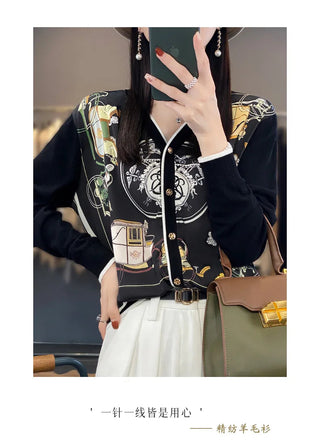 2023 Spring Summer New Cardigan Women's Coat Top Longsleeved Loose V-Neck Printed Stitching Sweater Fine Imitation Wool Cardigan Alodia Store