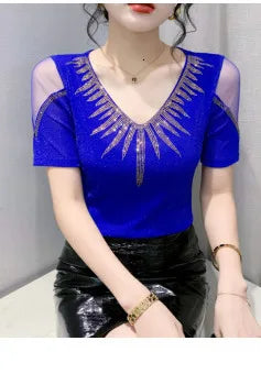 Leopard Mesh T Shirt Women V-neck Diamonds Sexy Tight Short T-shirt Female Long Sleeve Vintage Wrap Tshirt Femme Thin Slim Alodia Store