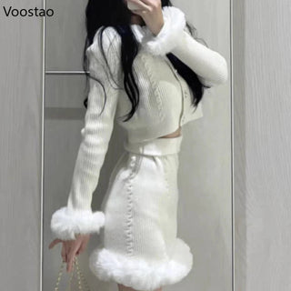 White Sweet Knitted Mini Skirt Set Women Korean Fashion Alodia Store