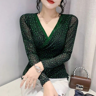 Leopard Mesh T Shirt Women V-neck Diamonds Sexy Tight Short T-shirt Female Long Sleeve Vintage Wrap Tshirt Femme Thin Slim Alodia Store