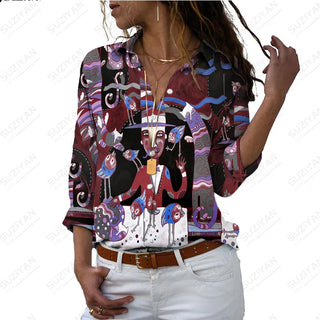 Women's SummerNew Shirt Long Sleeve Colorful Portrait 3D Digital Printing Women's Polo Button Casual Cardigan LongSleeve T-shirt Alodia Store