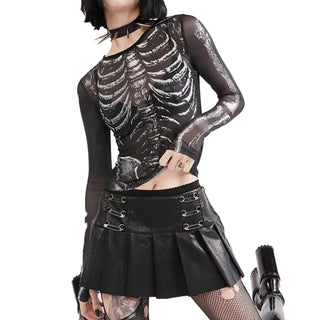 Gothic Punk Shirt 2000s Women Skeleton Pattern Round Neck Long Sleeve Crop Top Black Dark Academia Clothes y2k Tees Streetwear Alodia Store